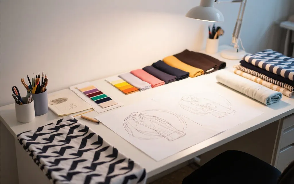 设计工作台上的球衣版型草图与色卡，体现球衣赞助背后的设计与品牌叙事