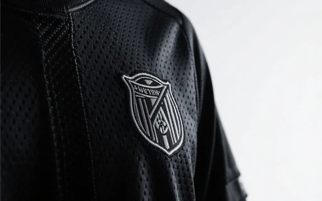 足球球衣细节特写：队徽工艺、暗纹纹理与透气孔位在侧光下清晰可见