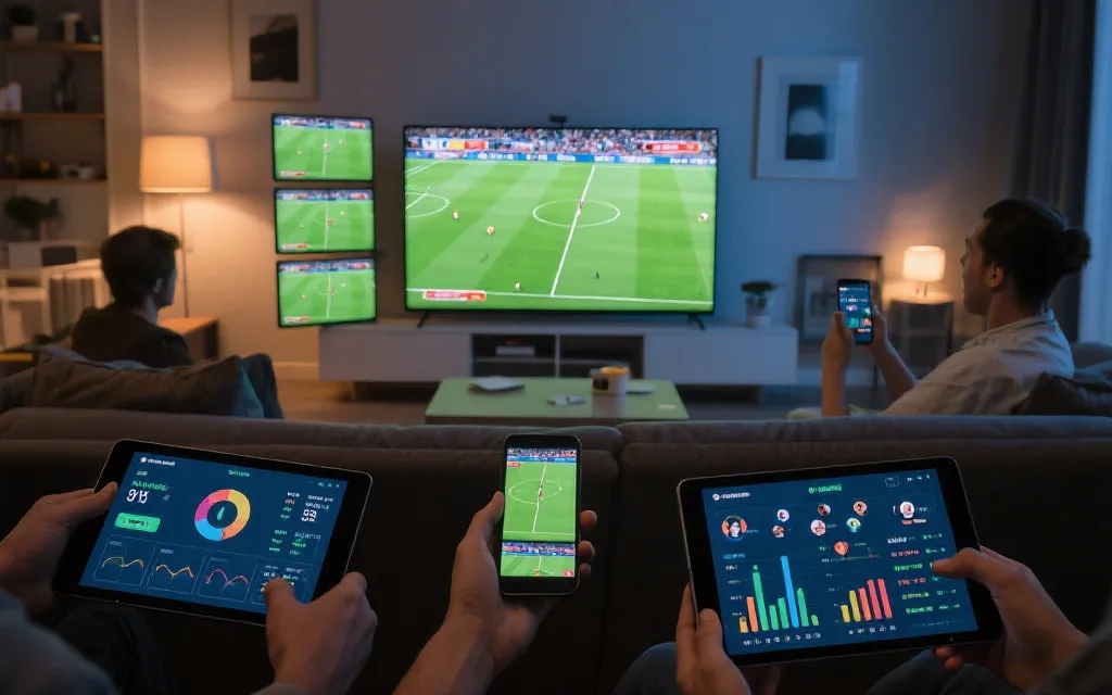 多屏观看世界杯决赛：电视、手机、平板同时显示比赛与社交互动的占位图